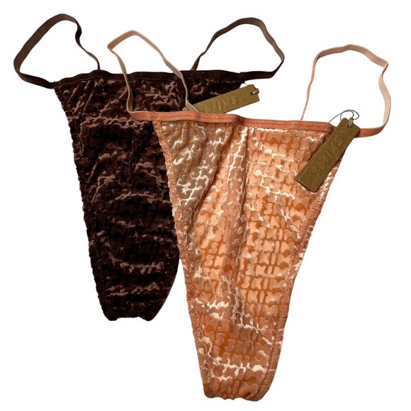 SKIMS Other - SKIMS Velvet Burnout Logo T-String Thongs Lot of 2 Peach Chestnut 2X